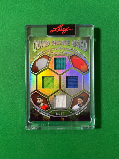 Toni Kroos, Marcus Rashford, Declan Rice & Bruno Fernandes Relic 24/35 Leaf Glory of the Game 2026 football card Front