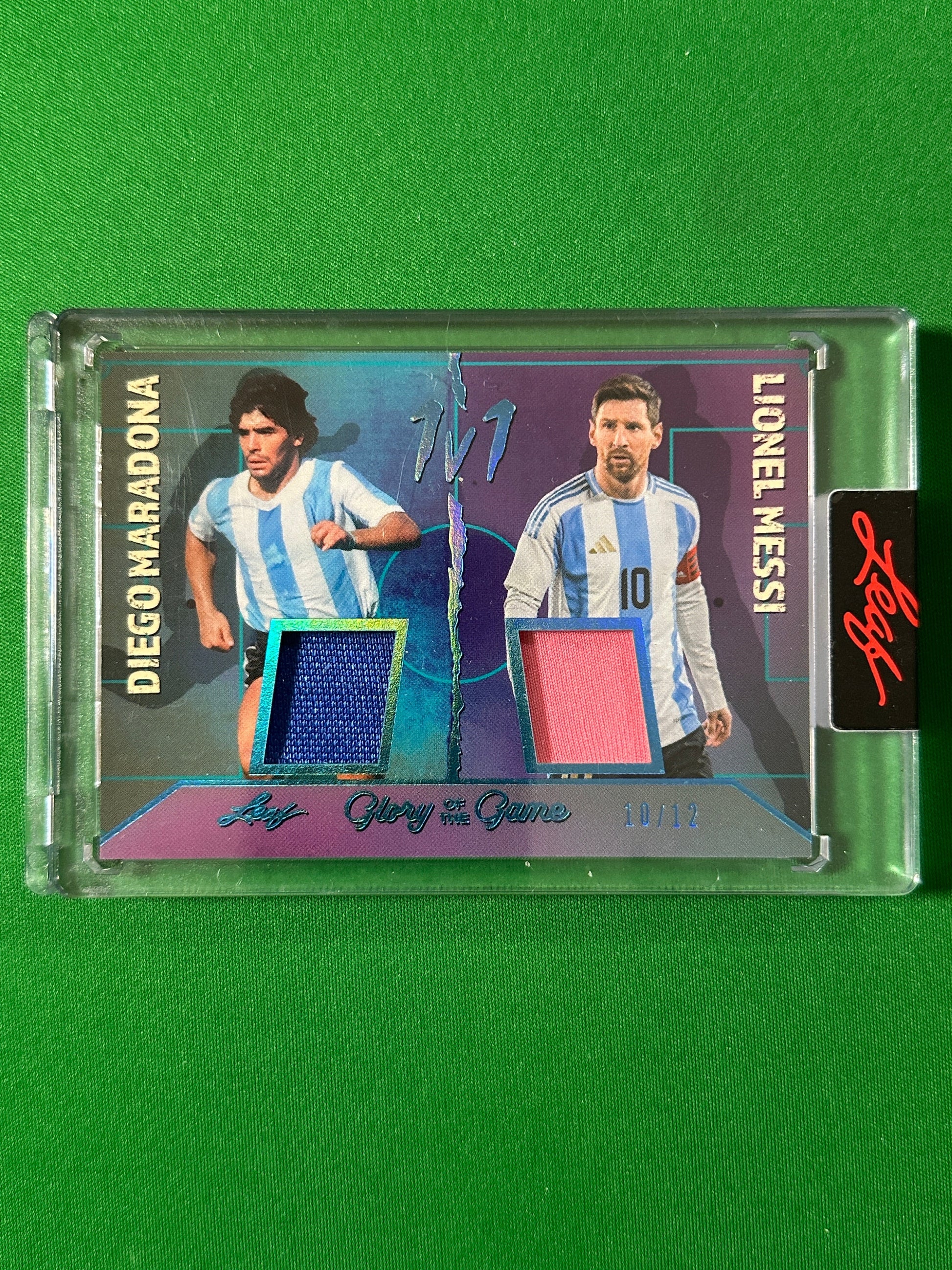 Diego Maradona & Lionel Messi Relic 10/12 Argentina Leaf Glory of the Game 2026 football card Front
