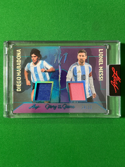 Diego Maradona & Lionel Messi Relic 10/12 Argentina Leaf Glory of the Game 2026 football card Front