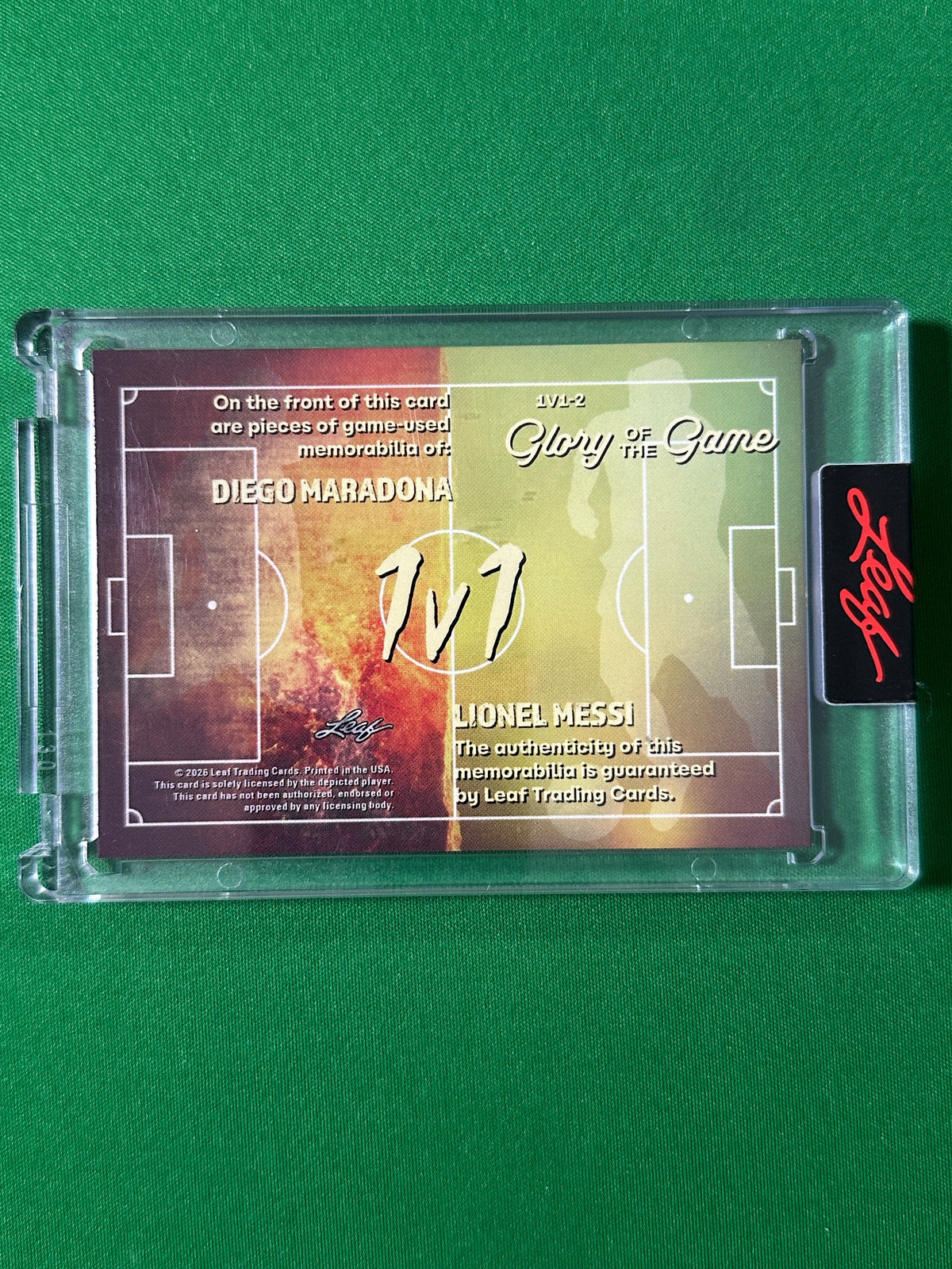 Diego Maradona & Lionel Messi Relic 10/12 Argentina Leaf Glory of the Game 2026 football card back