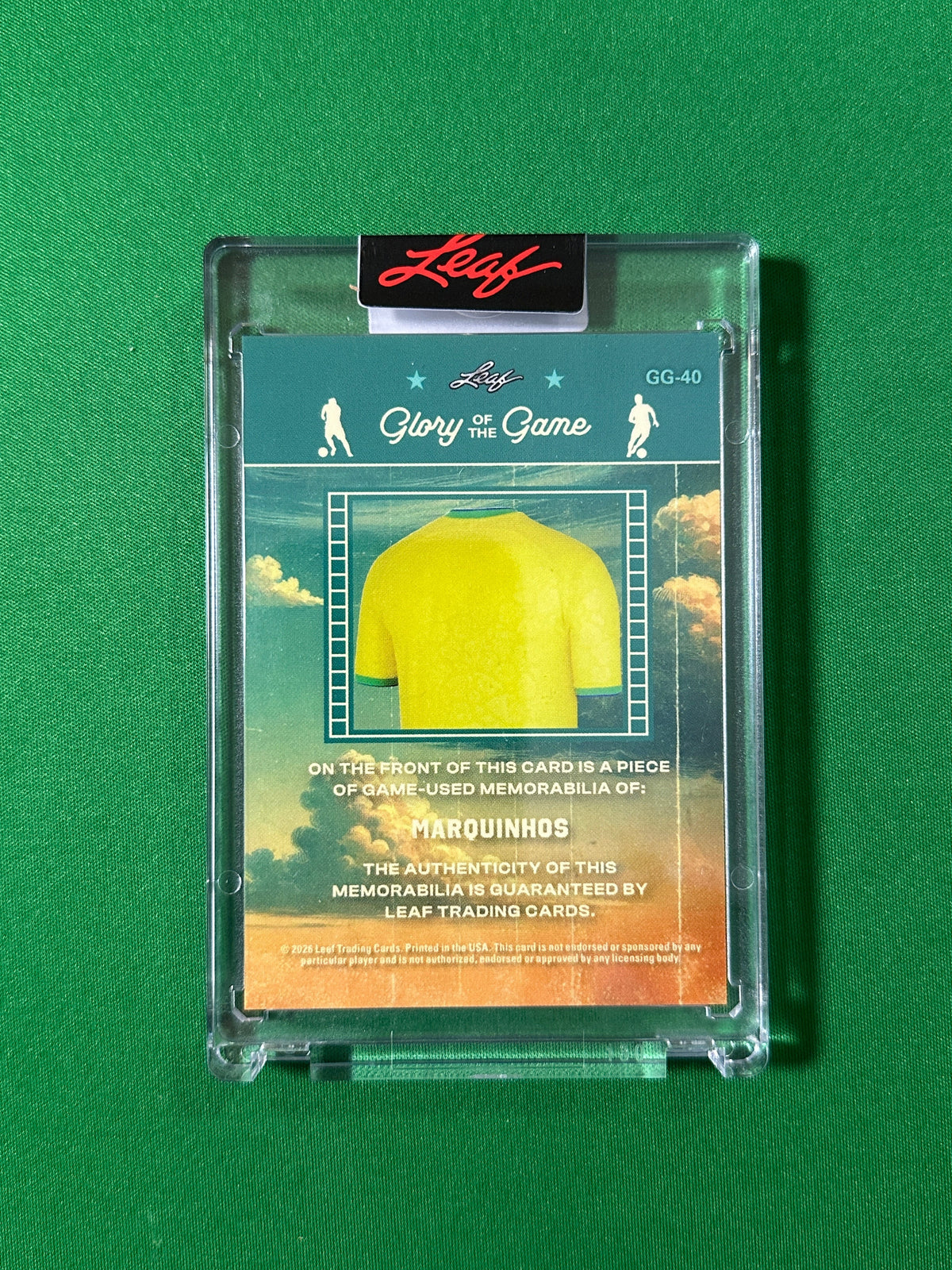 Marquinhos Relic 14/20 Brazil Leaf Glory of the Game 2026 football card back