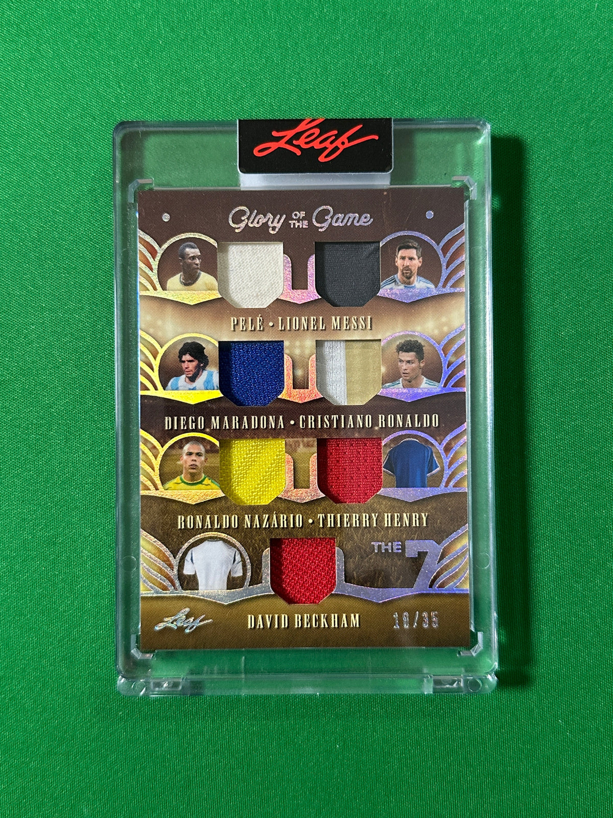 Pelé, Lionel Messi, Diego Maradona, Cristiano Ronaldo, R9, Thierry Henry & David Beckham Relic 18/35 Leaf Glory of the Game 2026 football card Front