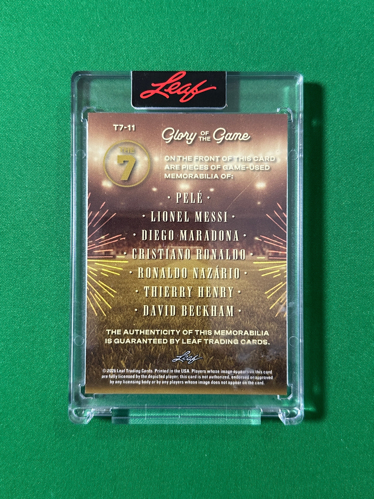 Pelé, Lionel Messi, Diego Maradona, Cristiano Ronaldo, R9, Thierry Henry & David Beckham Relic 18/35 Leaf Glory of the Game 2026 football card back