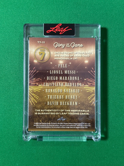 Pelé, Lionel Messi, Diego Maradona, Cristiano Ronaldo, R9, Thierry Henry & David Beckham Relic 18/35 Leaf Glory of the Game 2026 football card back