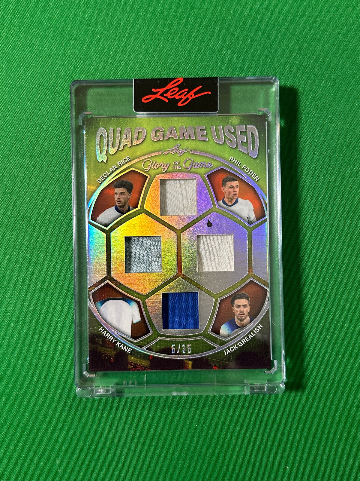 Declan Rice, Phil Foden, Jack Grealish & Harry Kane Relic 5/35 England Leaf Glory of the Game 2026 football card Front