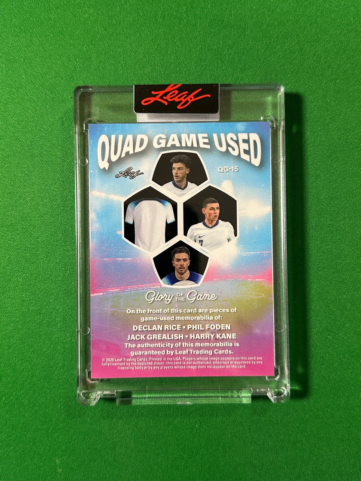 Declan Rice, Phil Foden, Jack Grealish & Harry Kane Relic 5/35 England Leaf Glory of the Game 2026 football card back