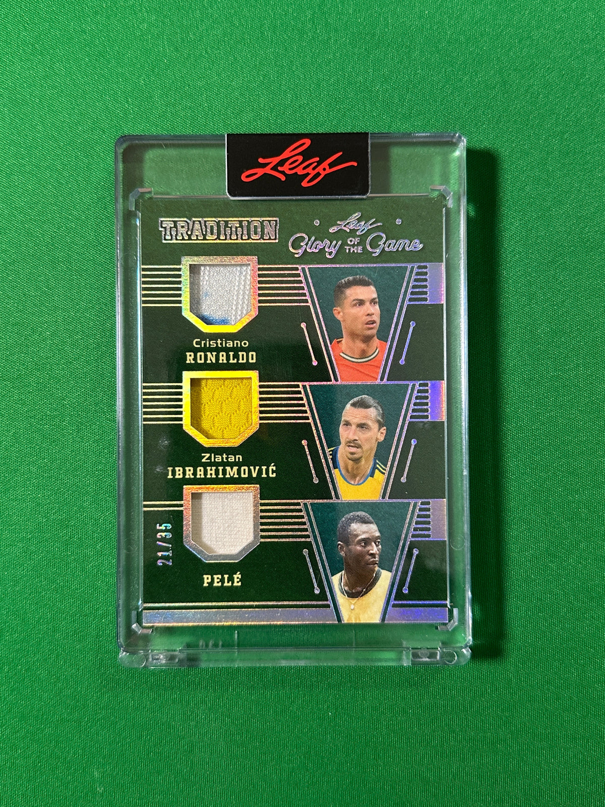 Cristiano Ronaldo, Zlatan Ibrahimović & Pelé Relic 21/35 Leaf Glory of the Game 2026 football card Front