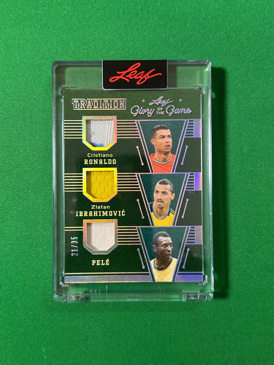Cristiano Ronaldo, Zlatan Ibrahimović & Pelé Relic 21/35 Leaf Glory of the Game 2026 football card Front