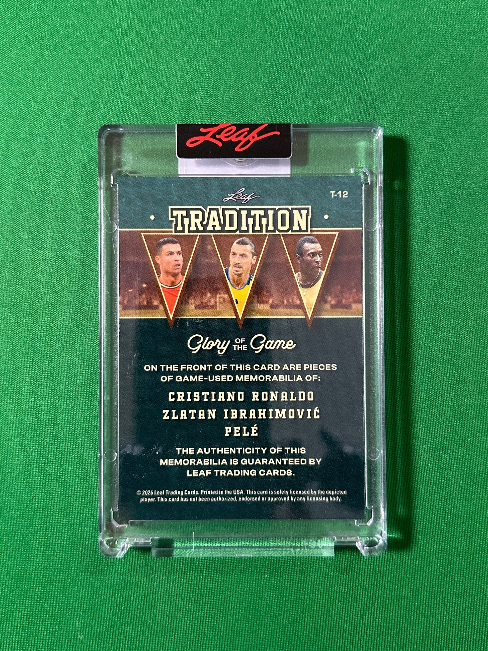 Cristiano Ronaldo, Zlatan Ibrahimović & Pelé Relic 21/35 Leaf Glory of the Game 2026 football card back