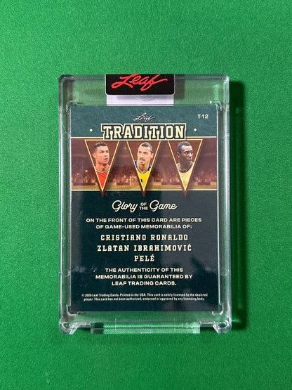 Cristiano Ronaldo, Zlatan Ibrahimović & Pelé Relic 21/35 Leaf Glory of the Game 2026 football card back