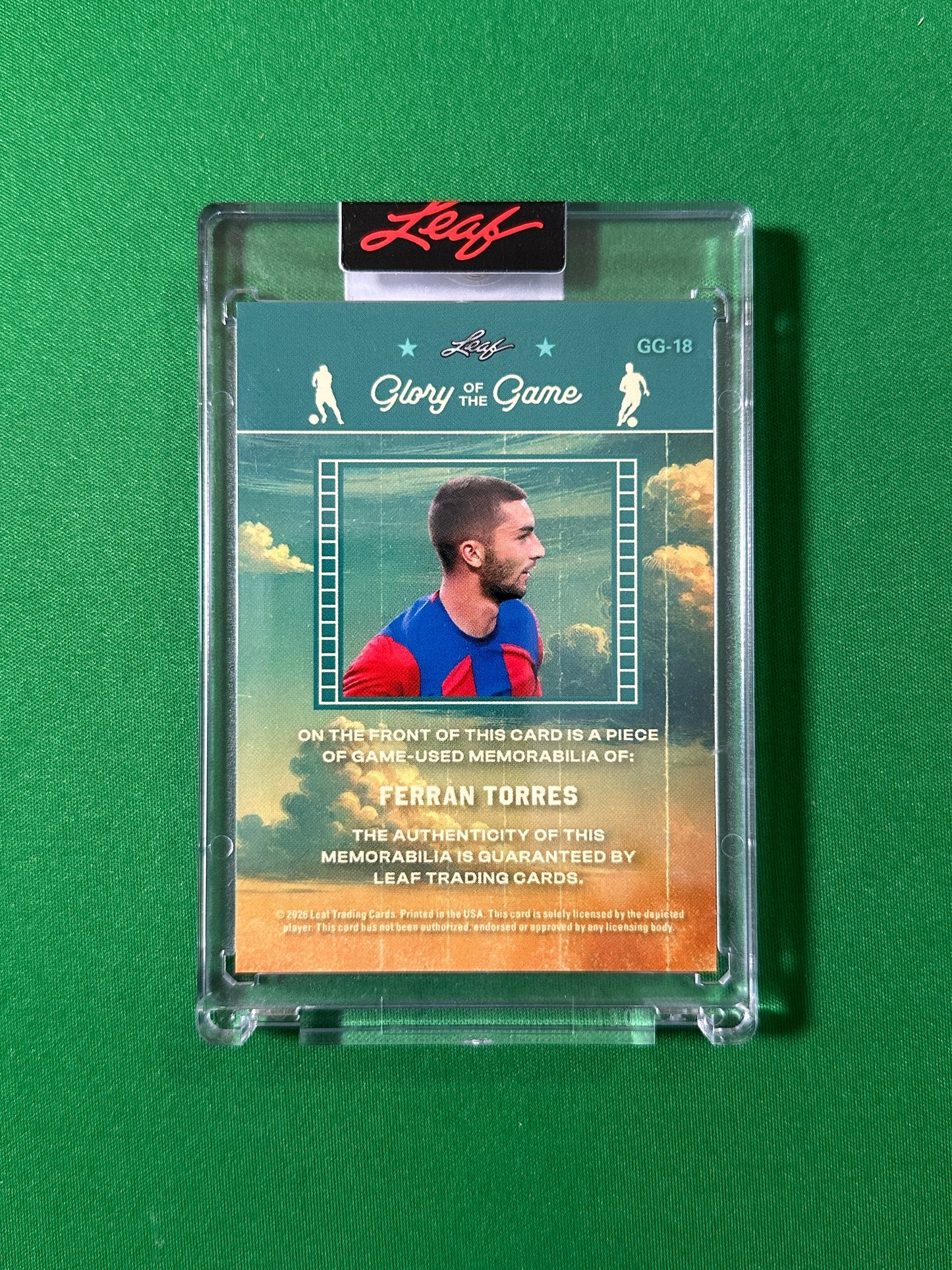 Ferran Torres Relic 6/20 FC Barcelona Leaf Glory of the Game 2026 football card back