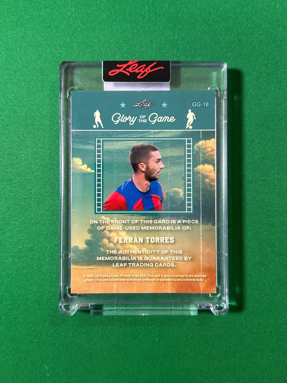 Ferran Torres Relic 6/20 FC Barcelona Leaf Glory of the Game 2026 football card back