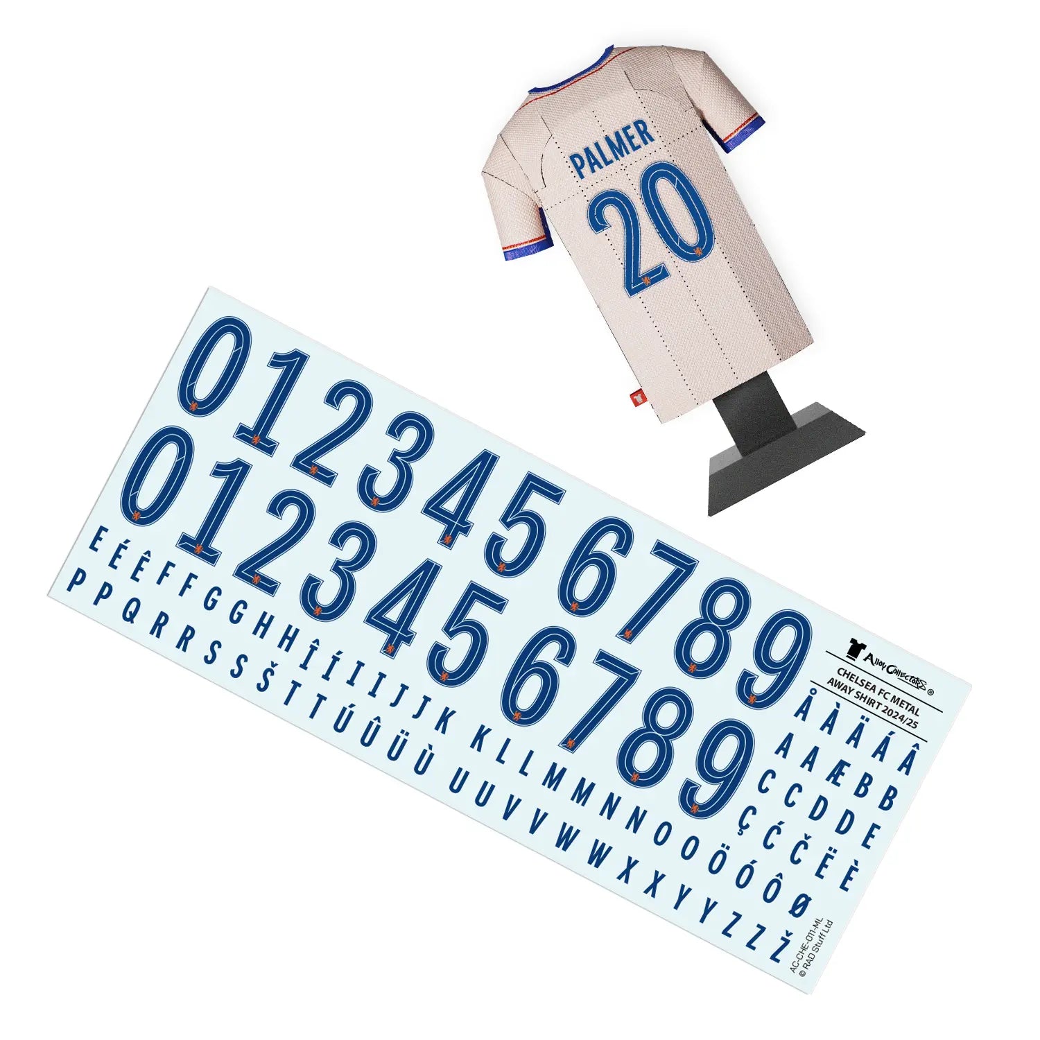 Chelsea 24/25 metal away shirt with cole palmer on the back and decal sheet to show customisation options.