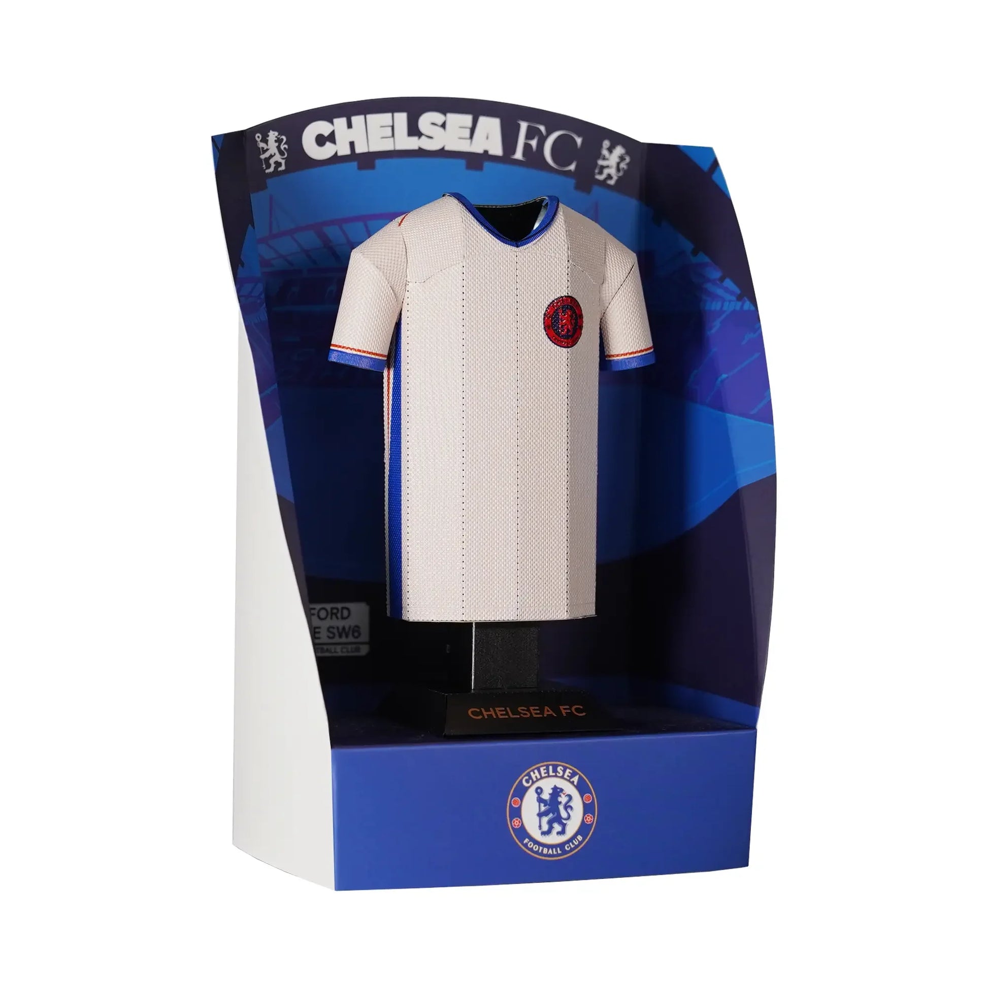 Chelsea 24/24 metal away shirt in display stand.