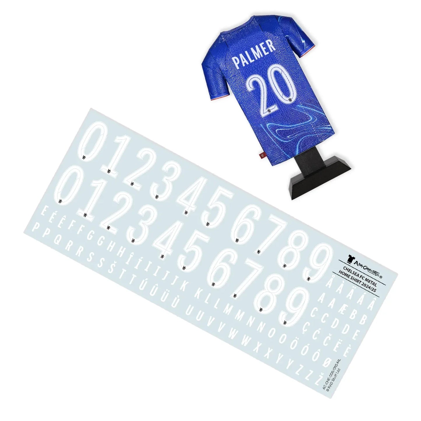 Chelsea 24/25 Home Shirt Collectible with Cole Palmer on the back and alphabet and number decal sheet for customisation