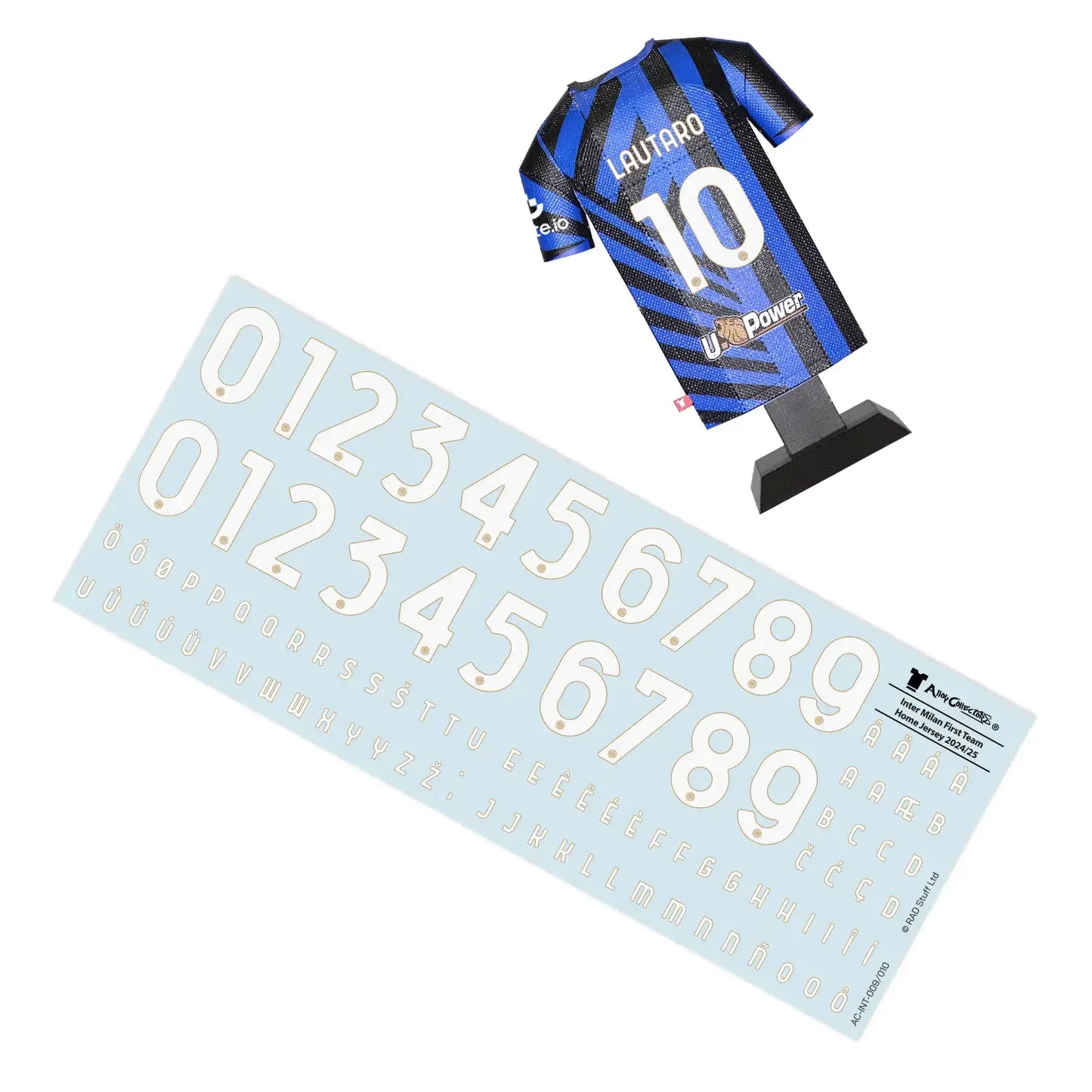 Inter 24/25 Home Jersey collectible, made from metal, with Lautaro Martinez on the back, alongside decal sheet with alphabet and numbers for customisation