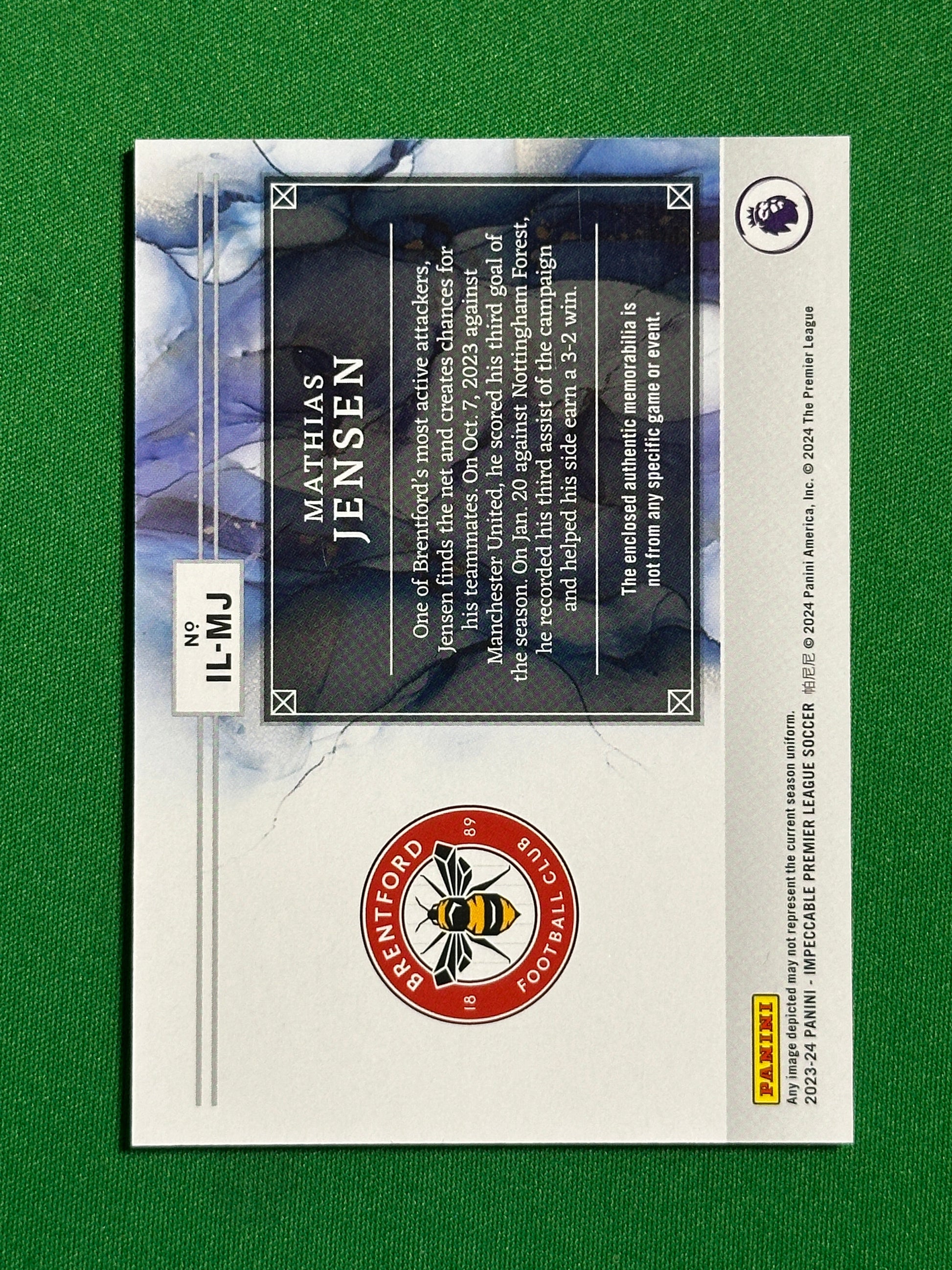 Mathias Jensen Patch 91/99 - Brentford - Panini Impeccable 2023/24 Back