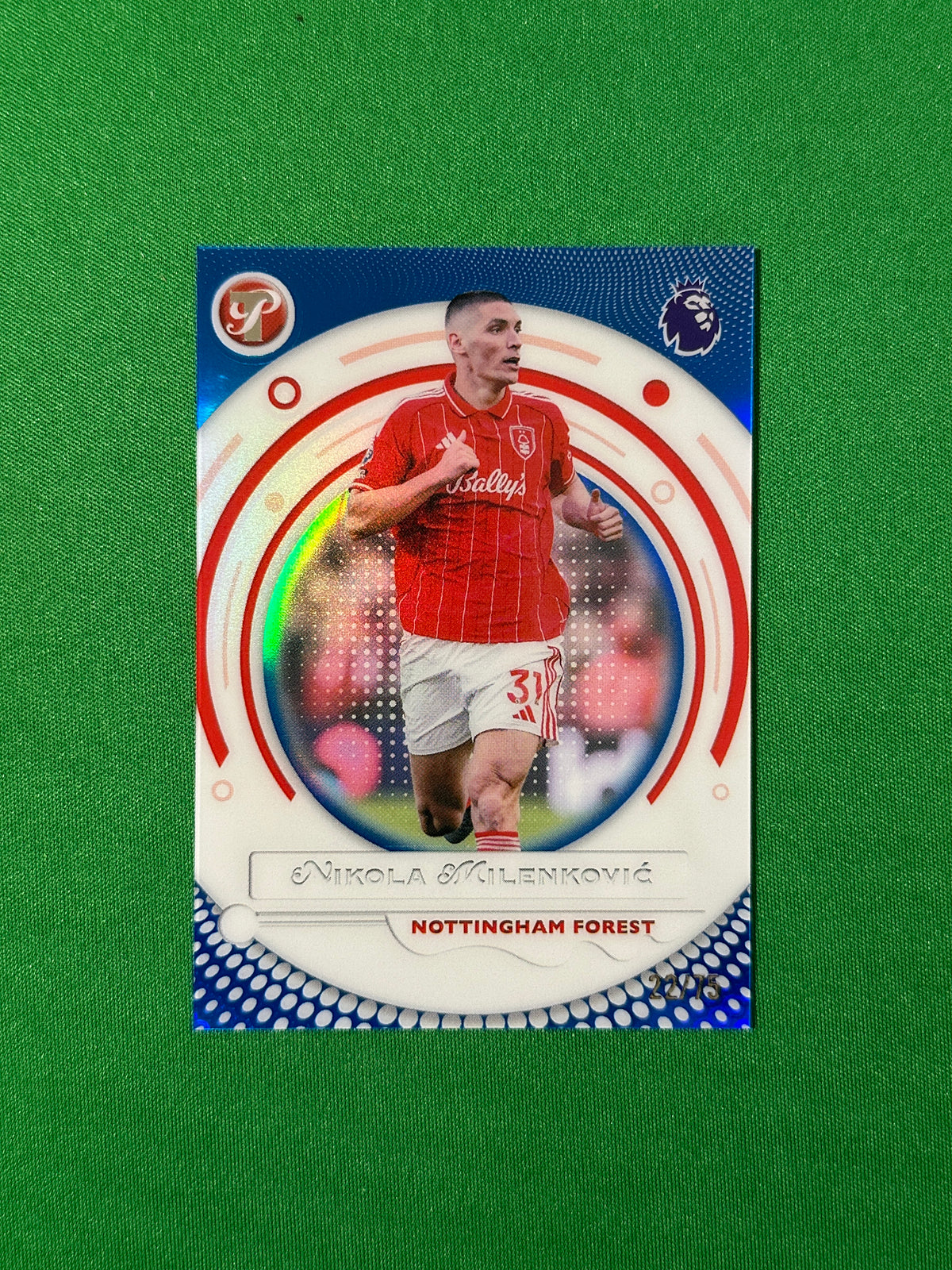 Nikola Milenković Blue Parallel 22/75 Nottingham Forest Topps PL Pristine 2025/26 football card