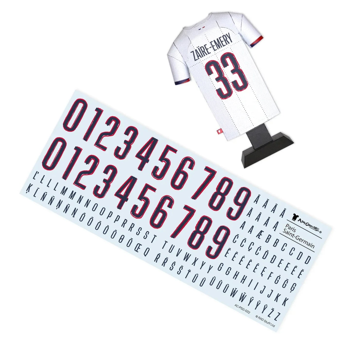 PSG 24/25 Away Jersey collectible with Zaire-Emery on the back and decal sheet with alphabet and numbers for personalisation