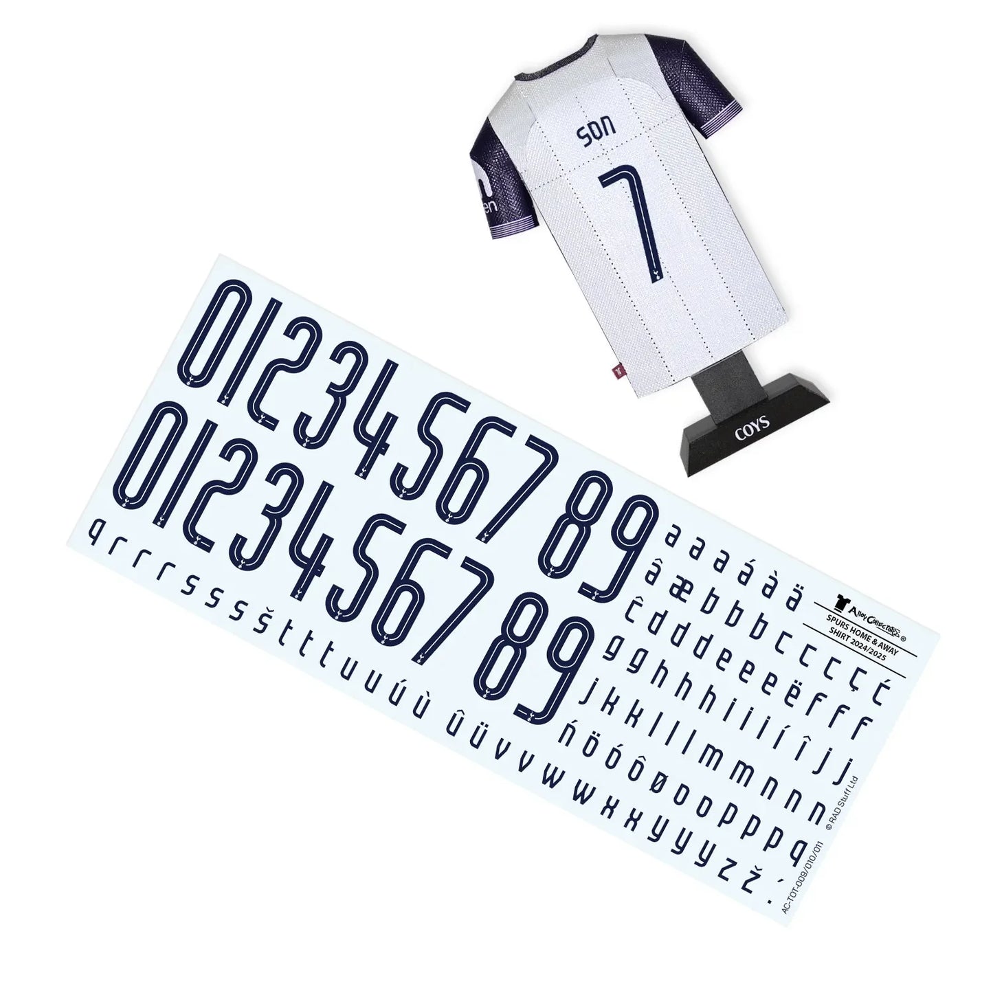 Tottenham 24/25 home shirt collectible with Son on the back and decal sheet with letters and numbers for personalisation