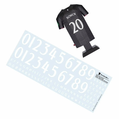 West Ham 24/25 away shirt collectible, made from metal, with Bowen on the back and showing decal sheet with letters and numbers