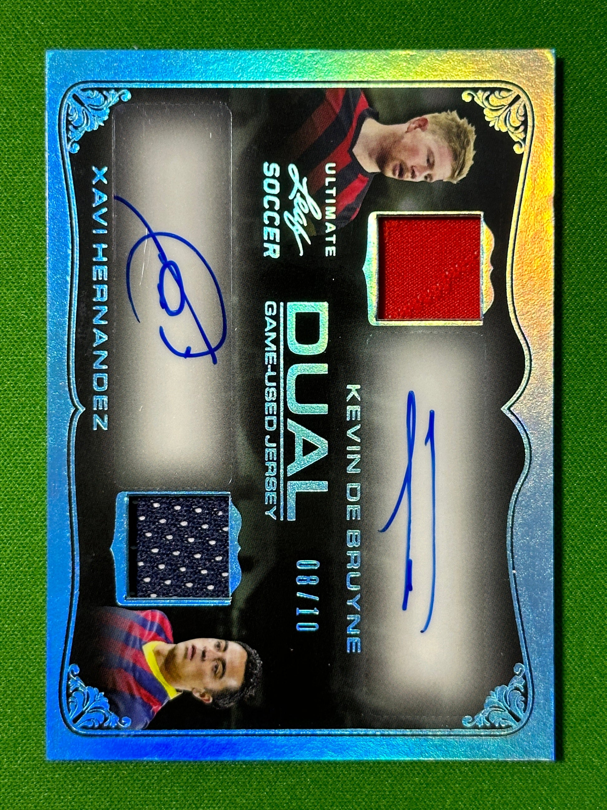 Xavi-Kevin-De-Bruyne-Dual-Autograph-Game-Used-Jersey-08-10-Leaf-Ultimate-Soccer-20222