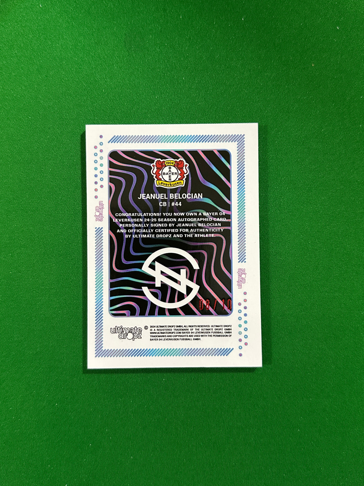 Jeanuël Belocian On-card Autograph 08/10 - Ultimate Dropz Bayer 04 Leverkusen Supernova 2024 - back