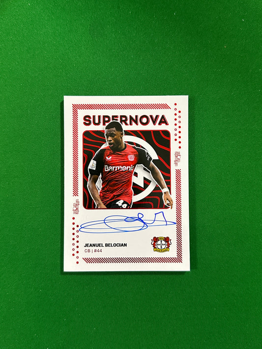 Jeanuël Belocian On-card Autograph 08/10 - Ultimate Dropz Bayer 04 Leverkusen Supernova 2024 - front