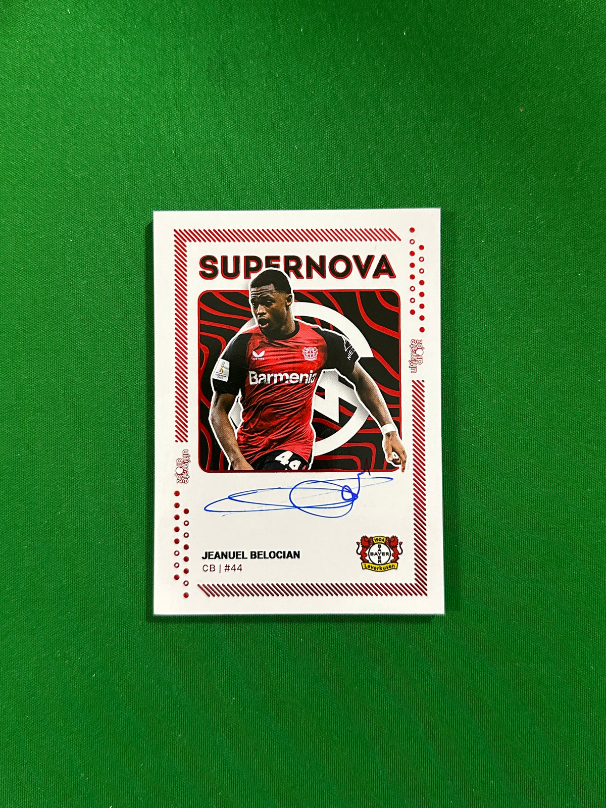 Jeanuël Belocian On-card Autograph 10/10 - Ultimate Dropz Bayer 04 Leverkusen Supernova 2024 - front