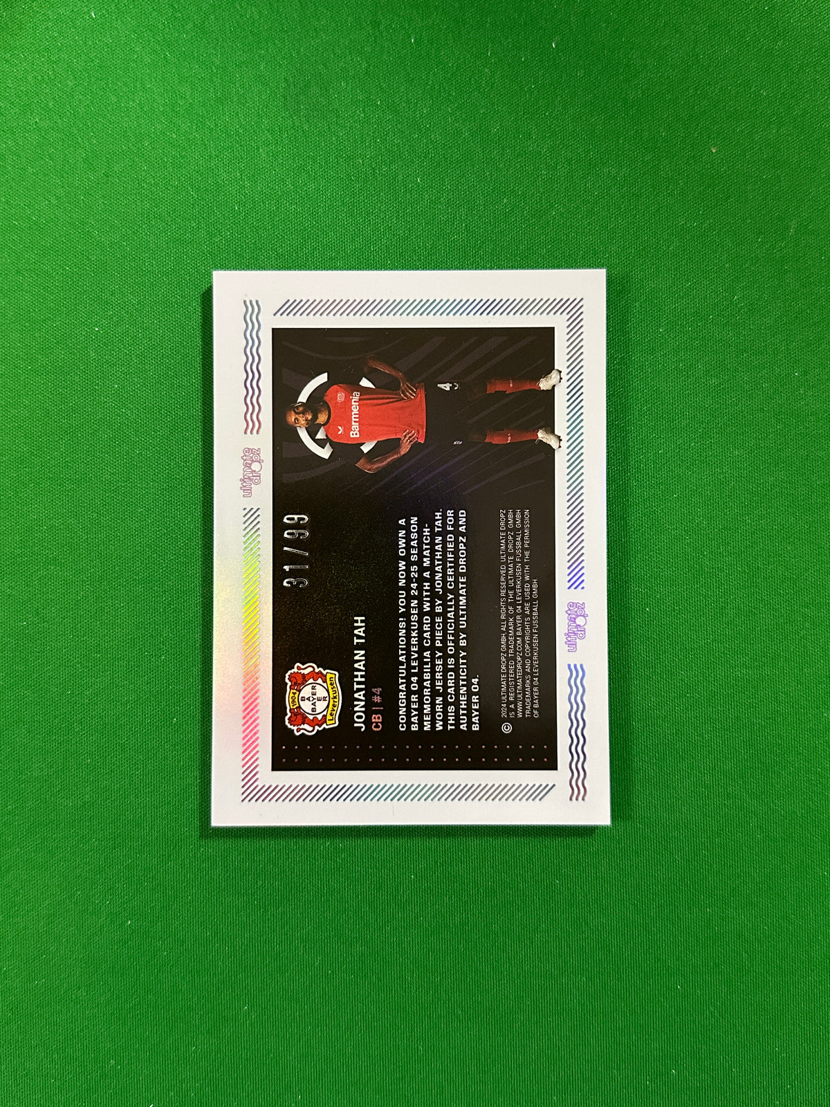 Jonathan Tah Match-worn Patch 31/99 - Ultimate Dropz Bayer 04 Leverkusen Supernova 2024 - back