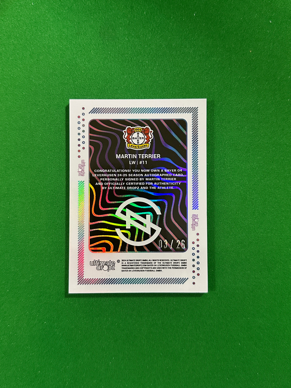 Martin Terrier On-card Autograph 03/26 - Ultimate Dropz Bayer 04 Leverkusen Supernova 2024 - back