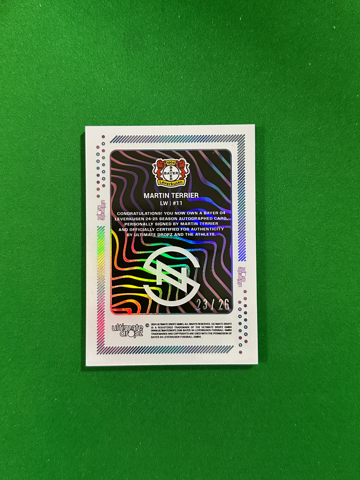 Martin Terrier On-card Autograph 23/26 - Ultimate Dropz Bayer 04 Leverkusen Supernova 2024 - back