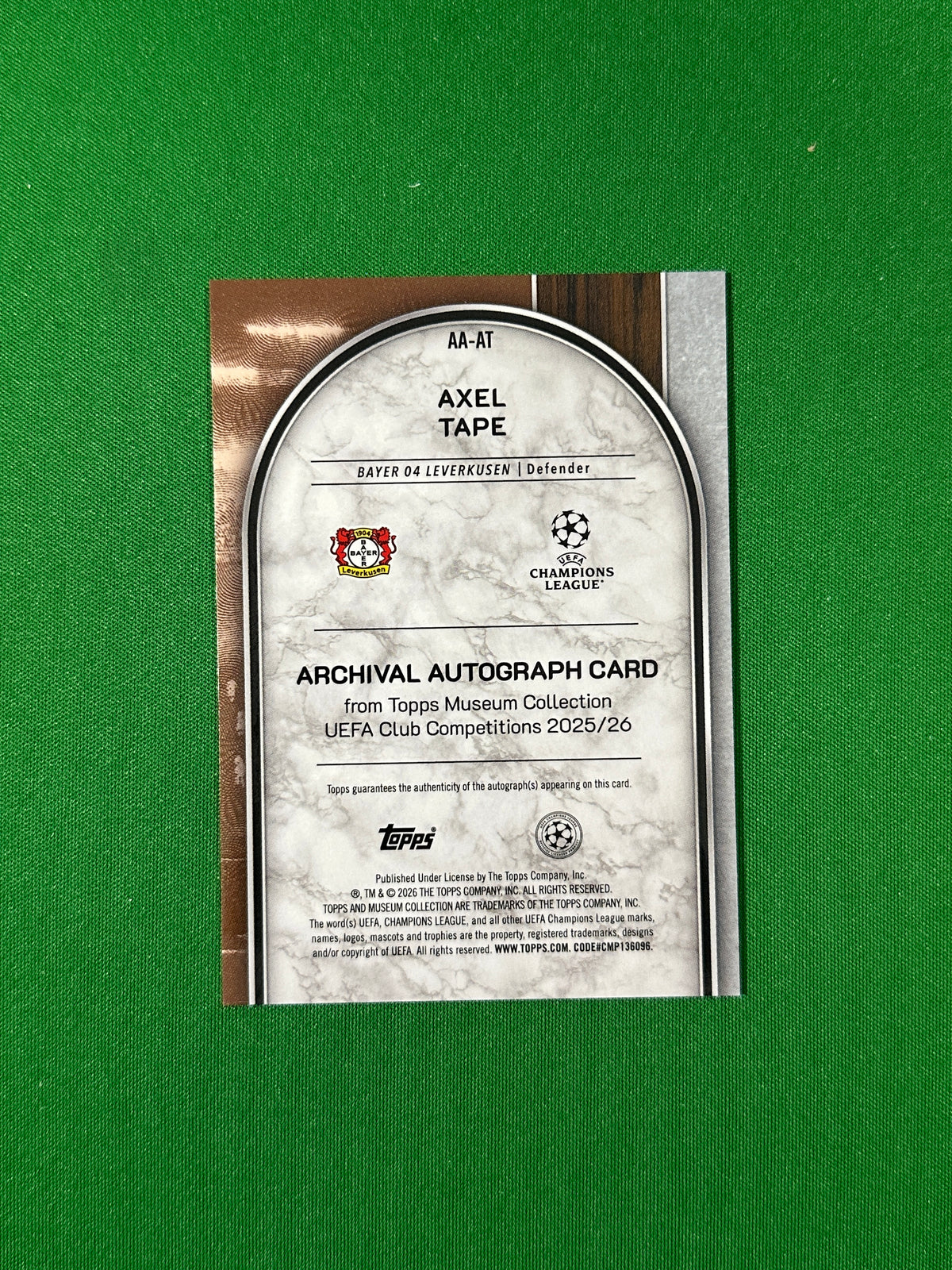 Axel Tape Topps Museum UEFA 2025/26 Archival Autograph Amethyst 59/99 #AA-AT — back
