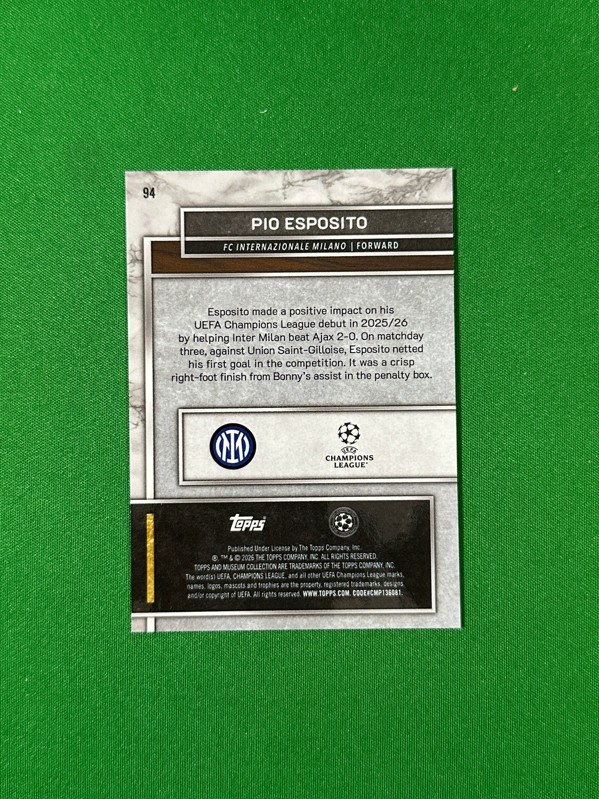 Pio Esposito Topps Museum UEFA 2025/26 #94 — back