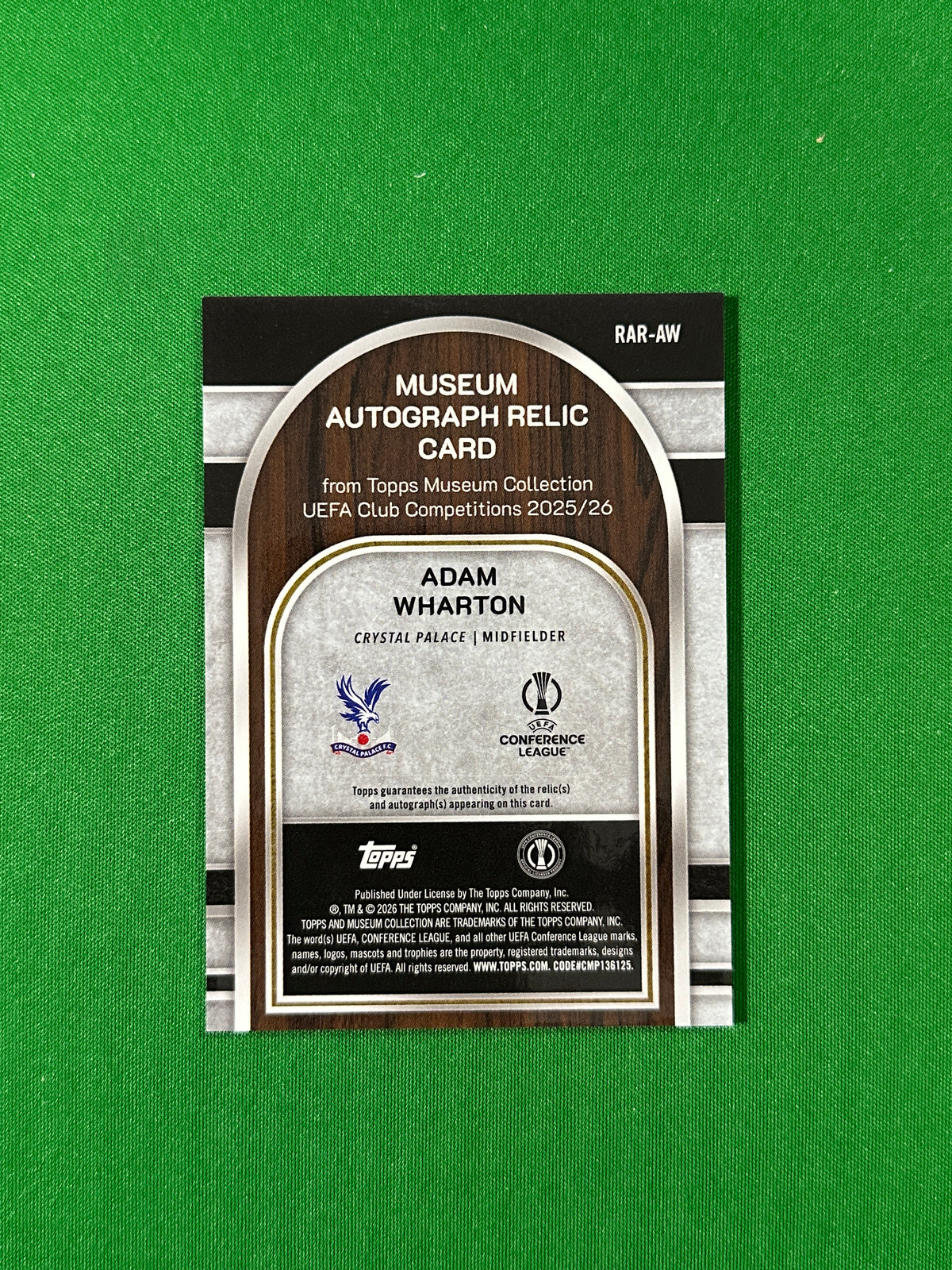 Adam Wharton Topps Museum UEFA 2025/26 Museum Autograph Relic Ruby 23/75 #RAR-AW — back
