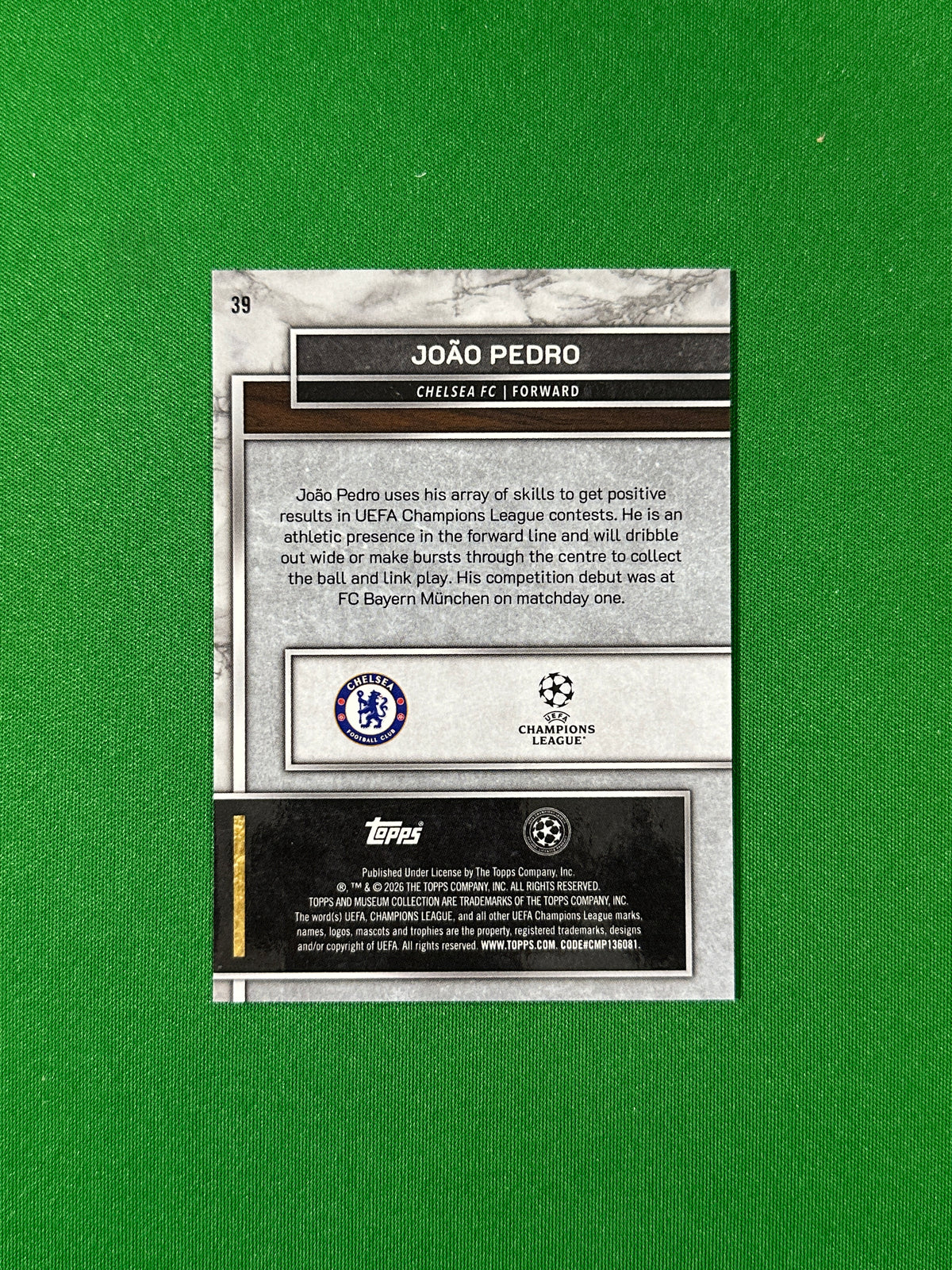João Pedro Topps Museum UEFA 2025/26 Sapphire 087/150 #39 — back