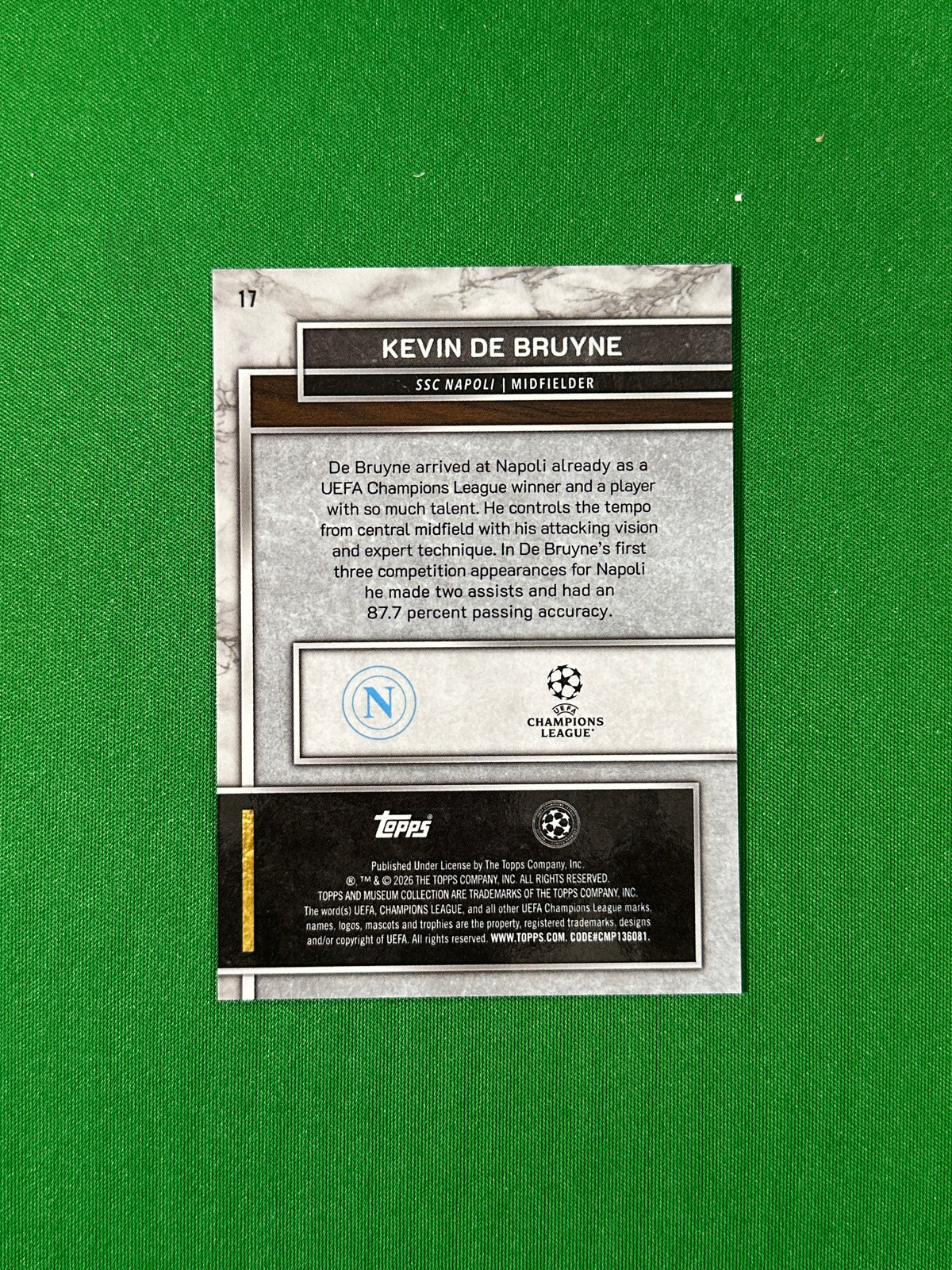 Kevin De Bruyne Topps Museum UEFA 2025/26 #17 — back