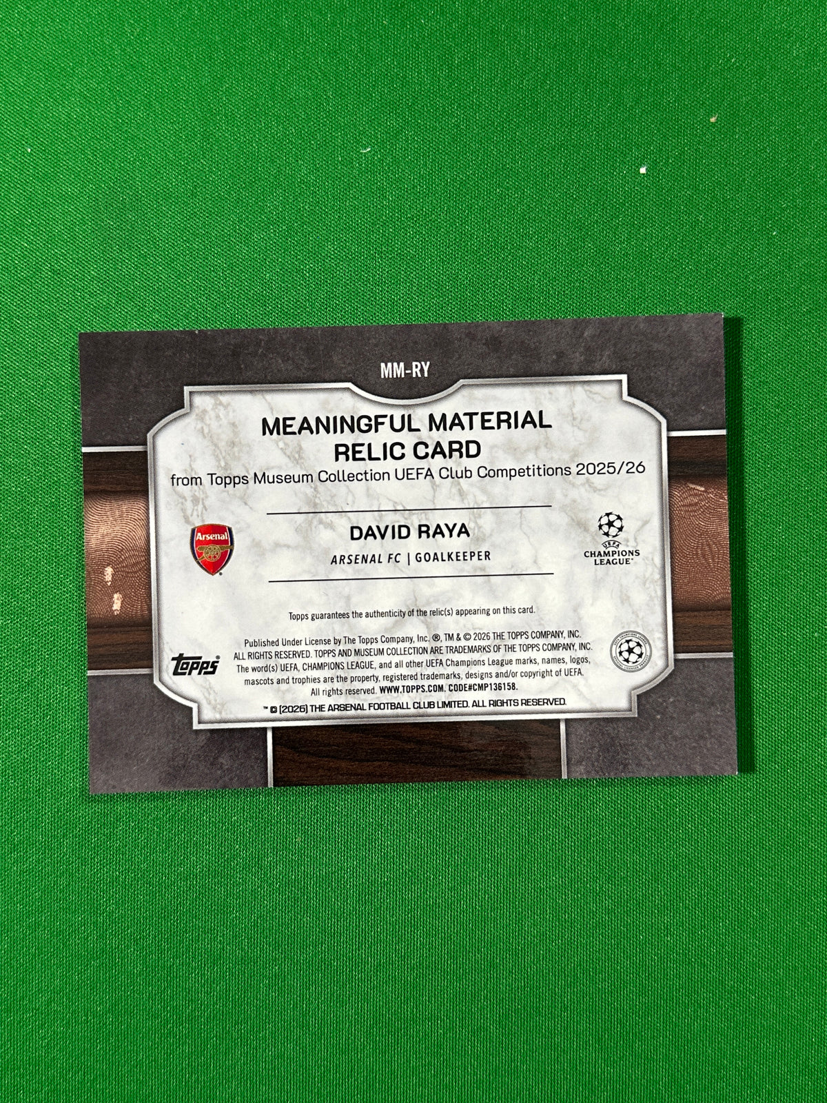 David Raya Topps Museum UEFA 2025/26 Meaningful Material Single Relic Turquoise 21/50 #MM-RY — back