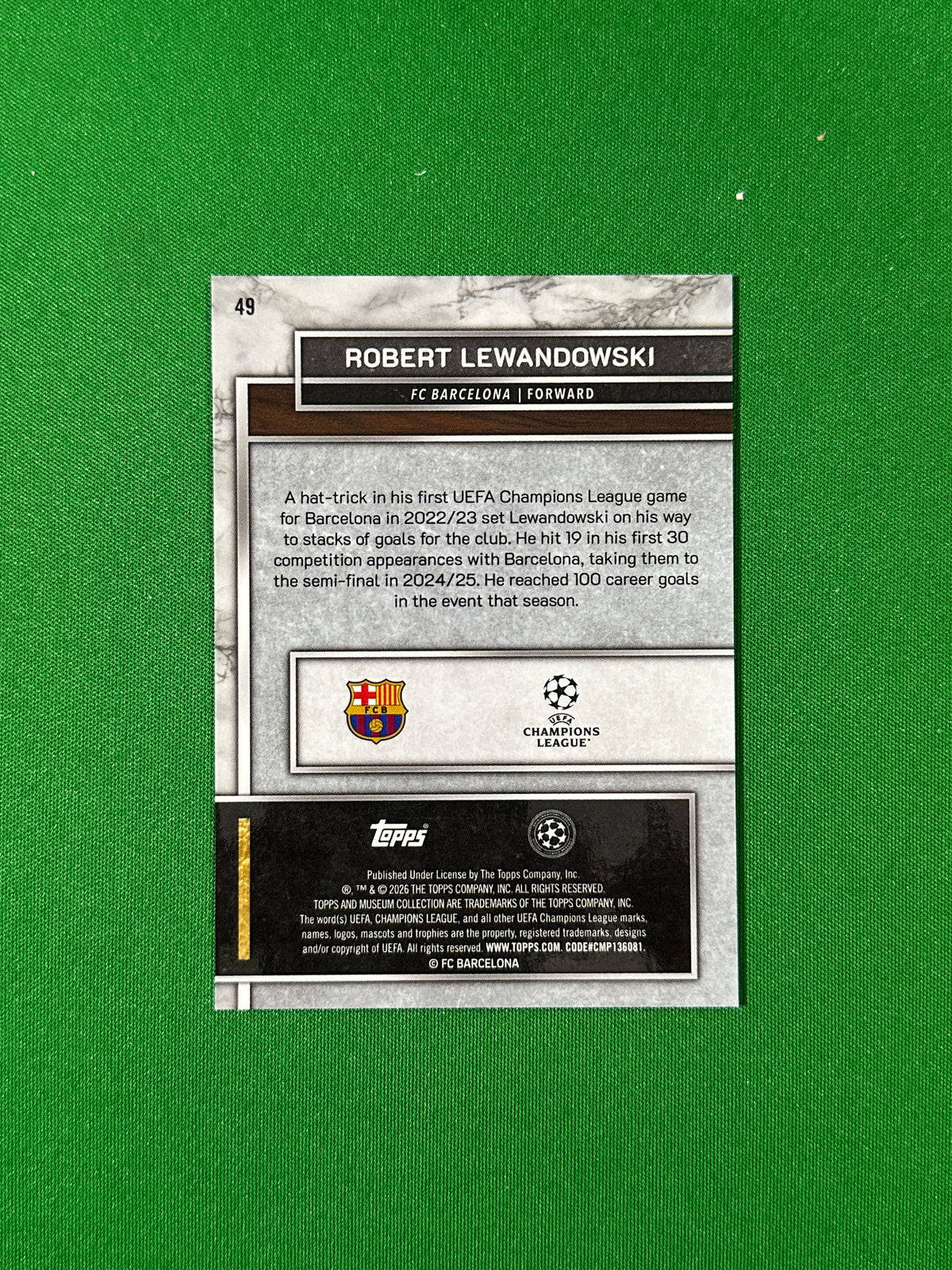 Robert Lewandowski Topps Museum UEFA 2025/26 Gold 094/249 #49 — back