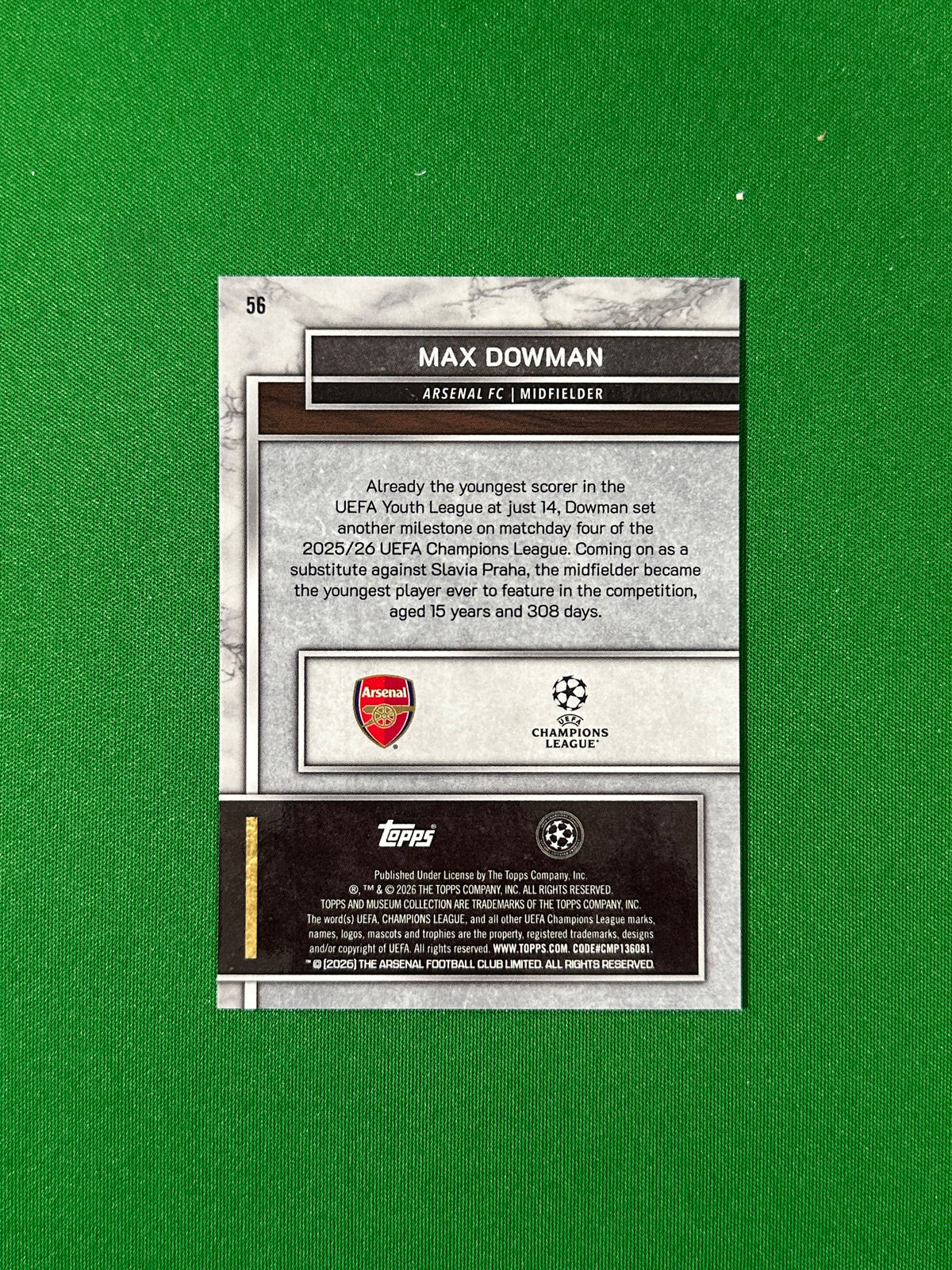 Max Dowman Topps Museum UEFA 2025/26 Sapphire 068/150 #56 — back