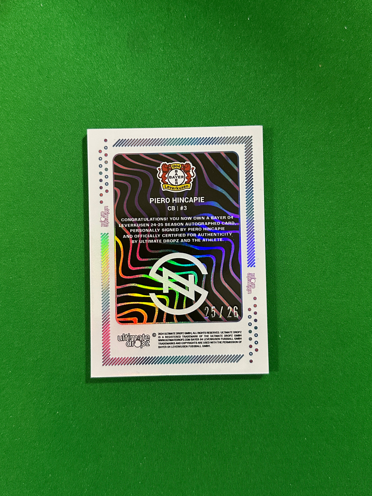 Piero Hincapie On-card Autograph 25/26 - Ultimate Dropz Bayer 04 Leverkusen Supernova 2024 - back
