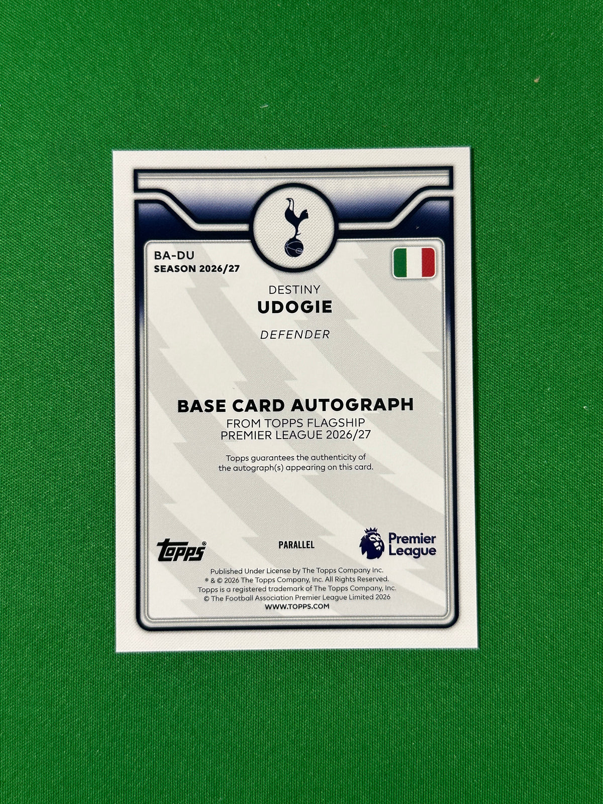 Destiny Udogie Topps Premier League 2026/27 Autograph Blue 050/150 #BA-DU — back