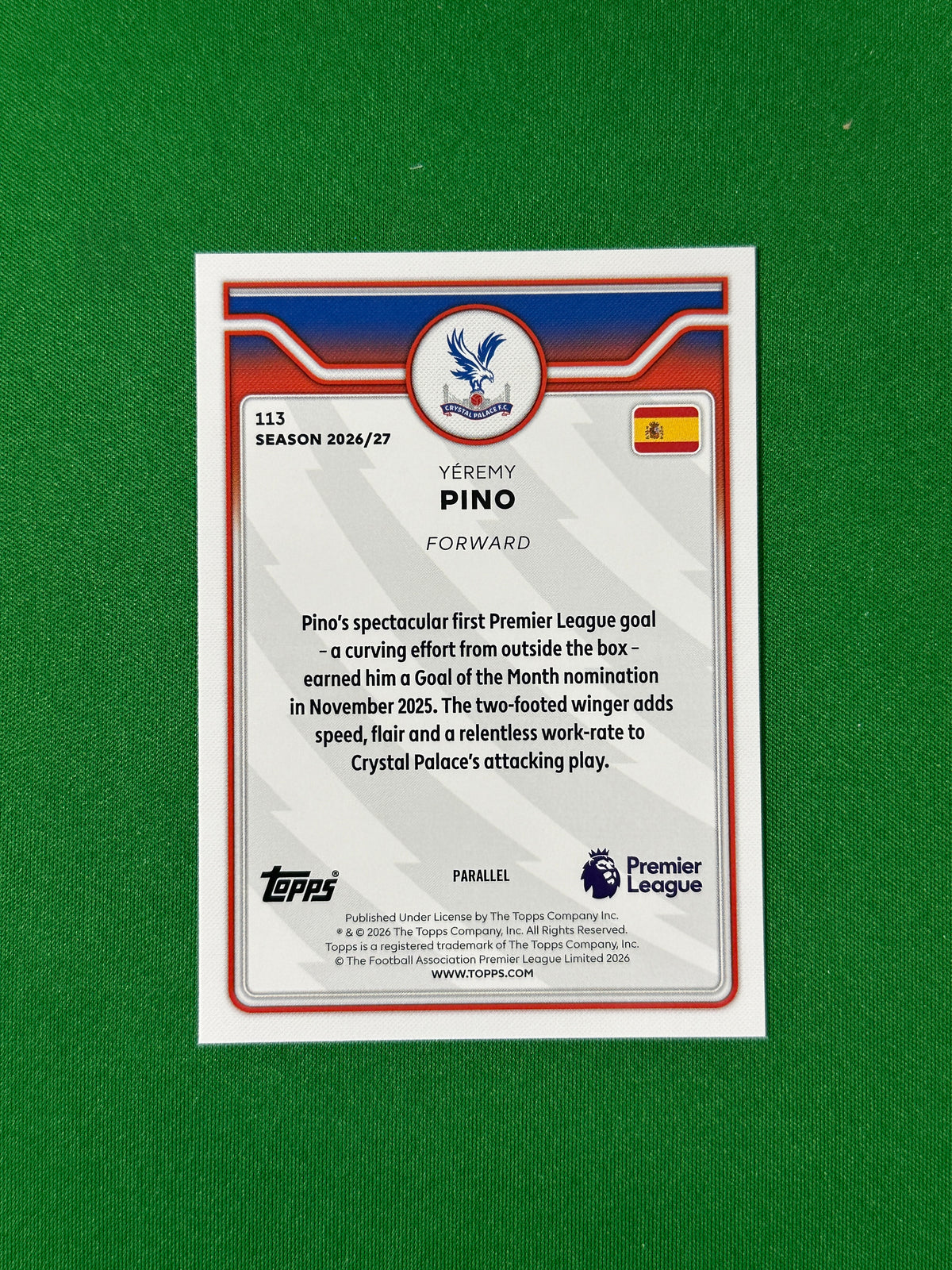Yéremy Pino Topps Premier League 2026/27 Blue 033/150 #113 — back