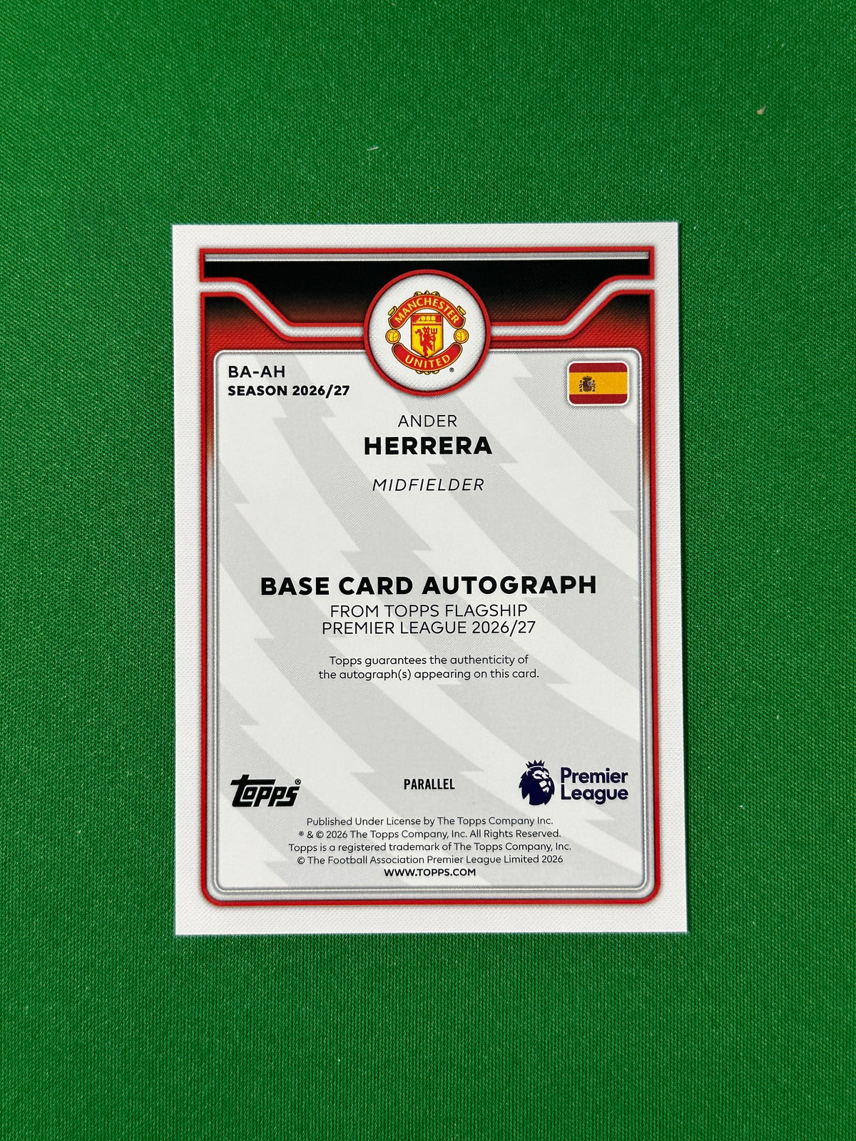Ander Herrera Topps Premier League 2026/27 Autograph Green 62/99 #BA-AH — back