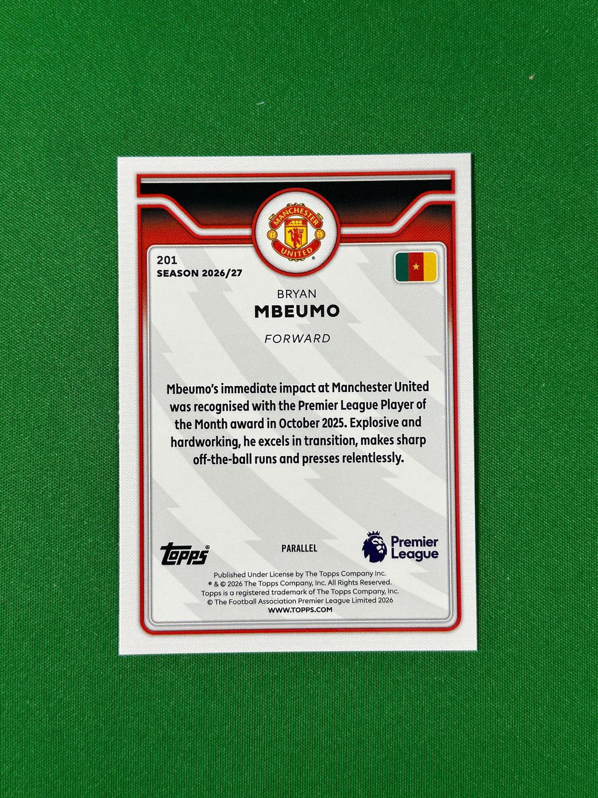 Bryan Mbeumo Topps Premier League 2026/27 Gold 49/50 #201 — back