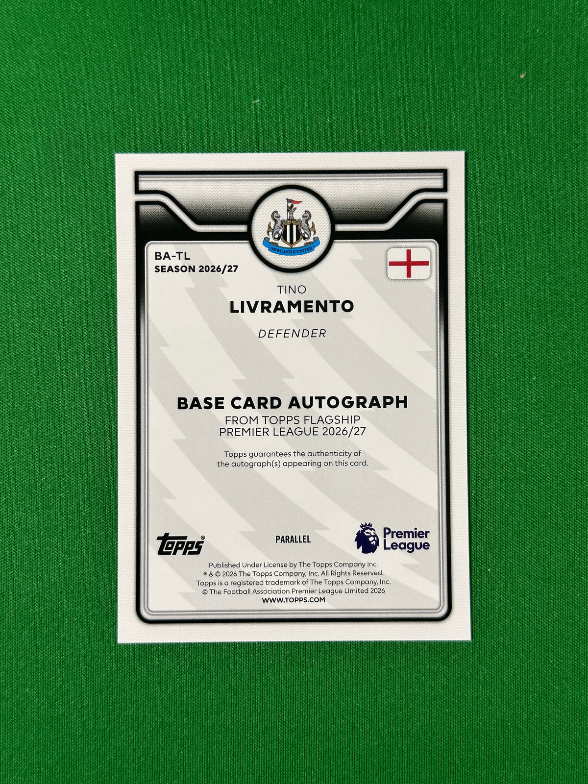 Tino Livramento Topps Premier League 2026/27 Autograph Blue 089/150 #BA-TL — back