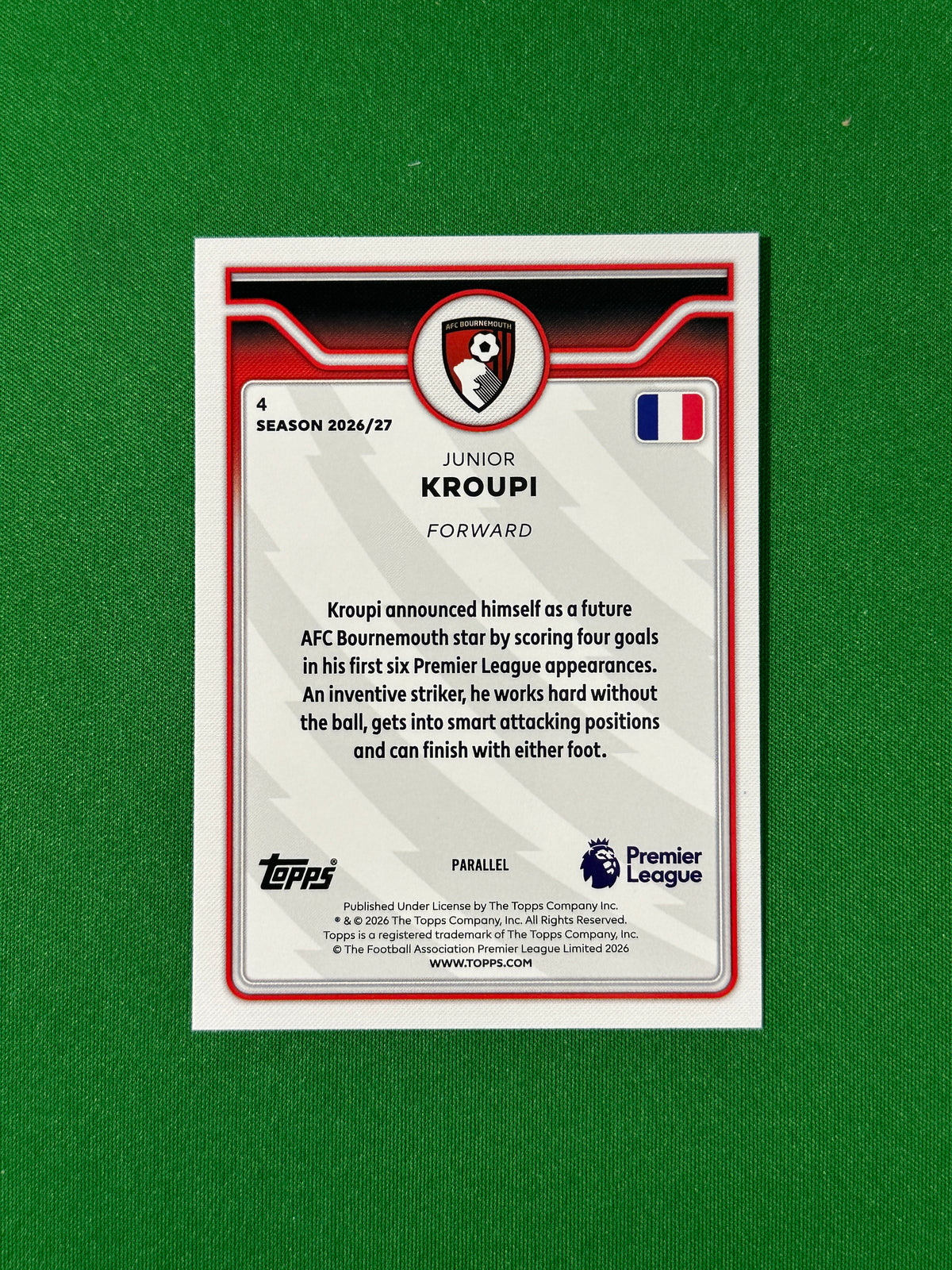 Junior Kroupi Topps Premier League 2026/27 Future Stars Blue 037/150 #4 — back