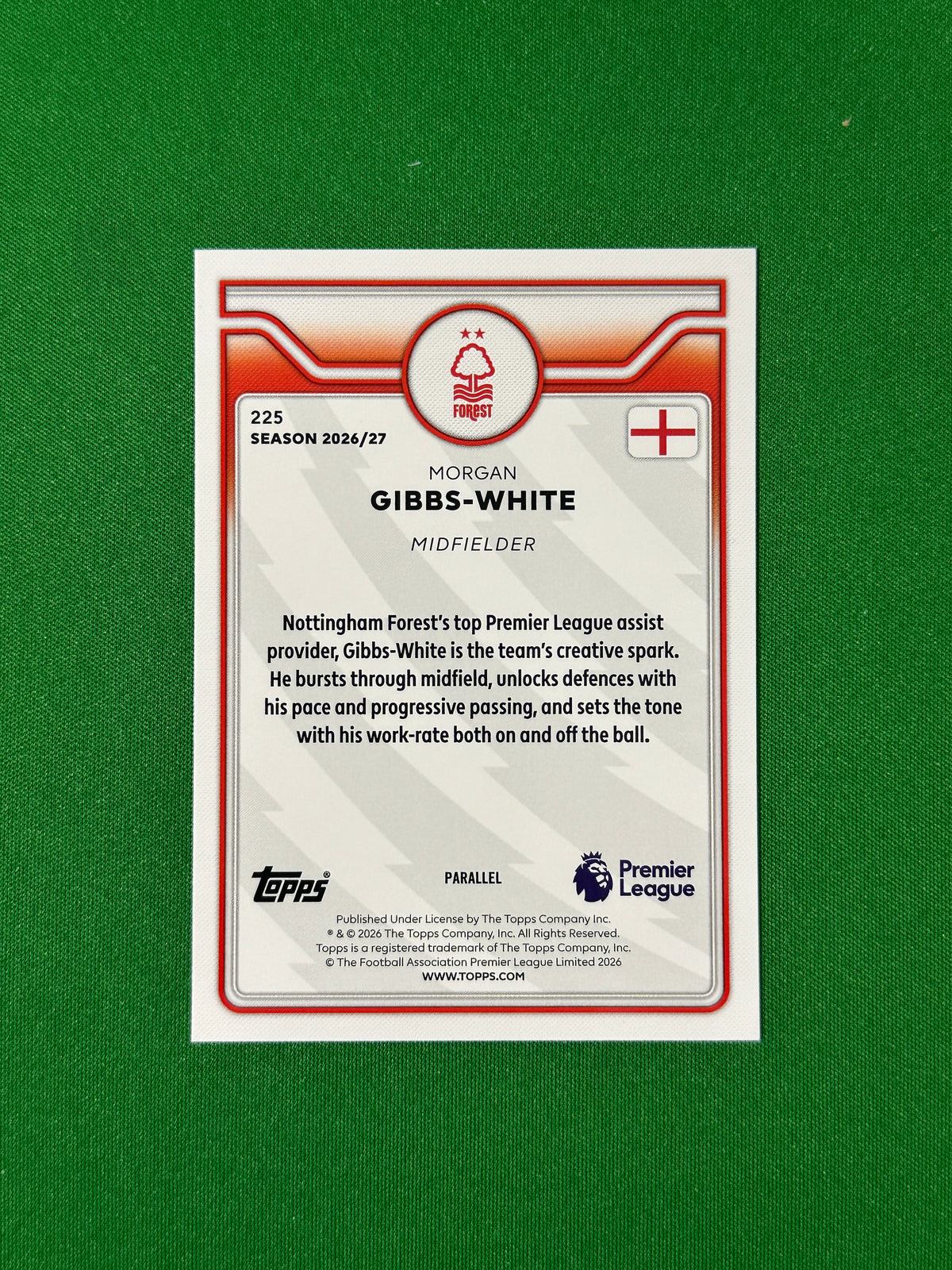Morgan Gibbs-White Topps Premier League 2026/27 Green 93/99 #225 — back