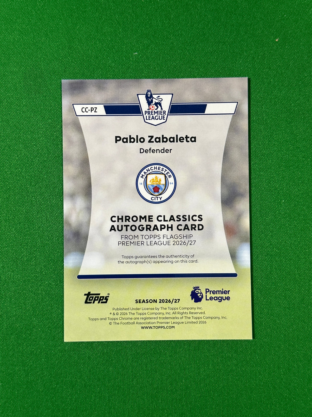 Pablo Zabaleta Topps Premier League 2026/27 Chrome Classics Autograph #CC-PZ — back