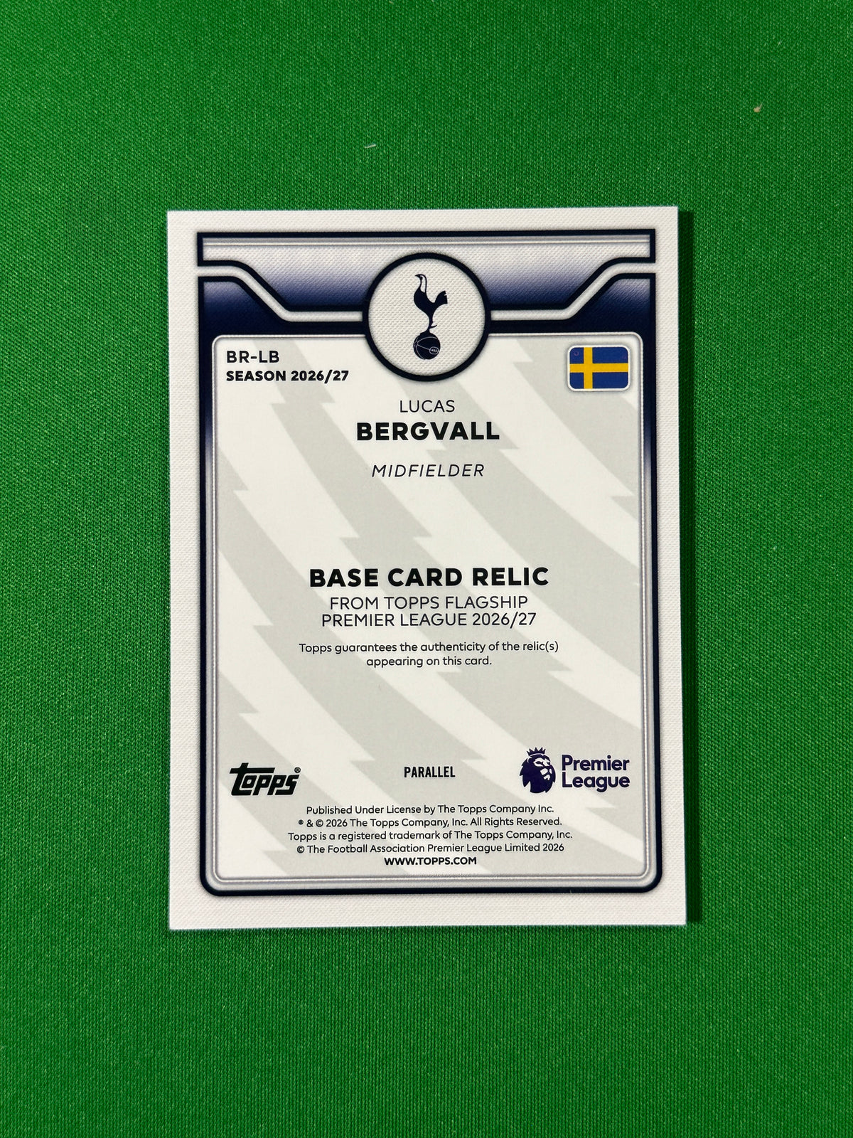 Lucas Bergvall Topps Premier League 2026/27 Relic Orange 09/25 #BR-LB — back